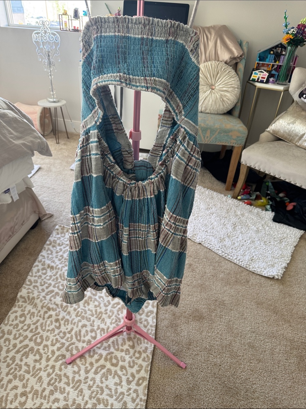 Free People Barbara Babydoll Romper Plaid Bow Smocked Cut Out - Picture 2 of 2